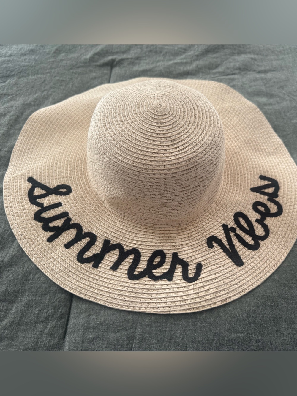 Women’s Wide Brim Kids Straw Sun Hat with Black Script (summer vibes )